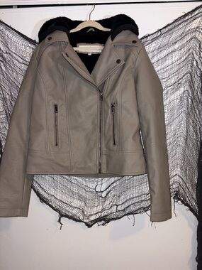 Women's Taupe Faux Leather Moto Jacket with Black Sherpa Hood